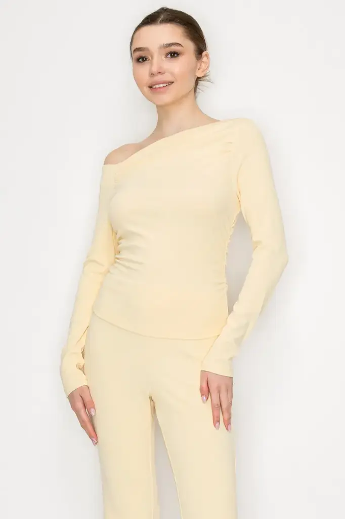Asymmetric Neck Long Sleeve Ruched Top