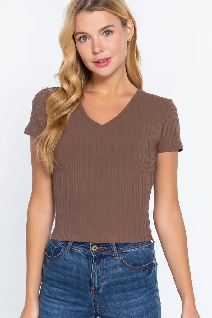SHORT SLV V-NECK RIB KNIT TOP