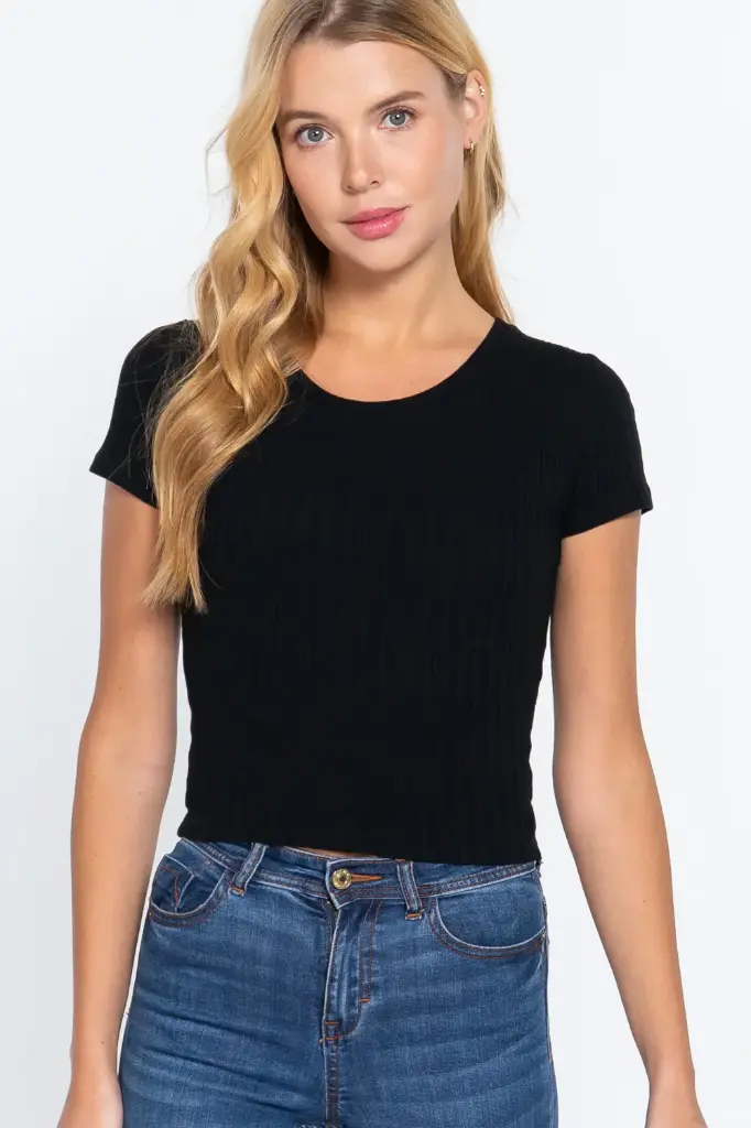 SHORT SLV VARIEGATE RIB KNIT TOP