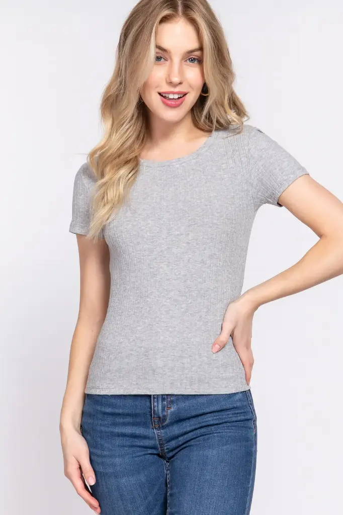 SHORT SLV CREW NECK VARIEGATED RIB KNIT TOP