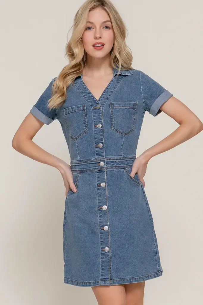 SHORT SLV STRETCH DENIM MINI DRESS