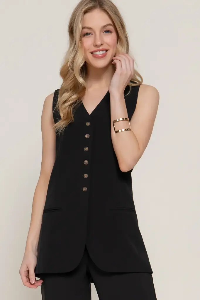  V-NECK BUTTON DOWN LONG VEST (S)