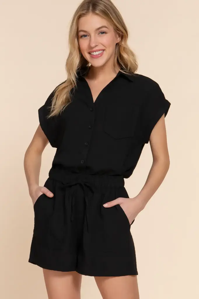  SHIRT & SHORTS LINEN EFFECT SET (S, Black)