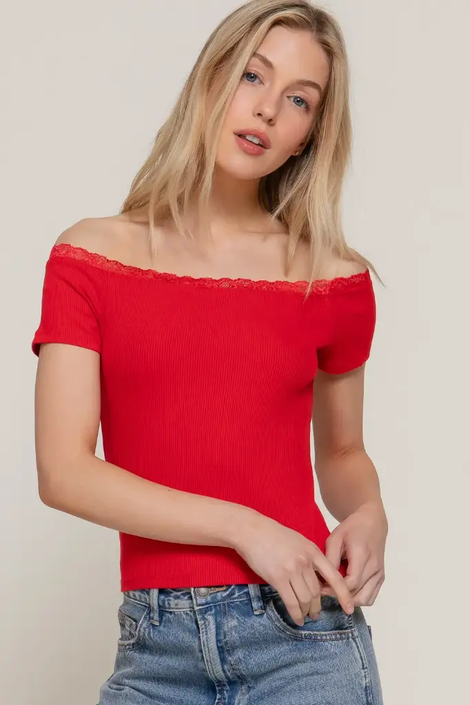 OFF THE SHOULDER LACE TRIM KNIT TOP