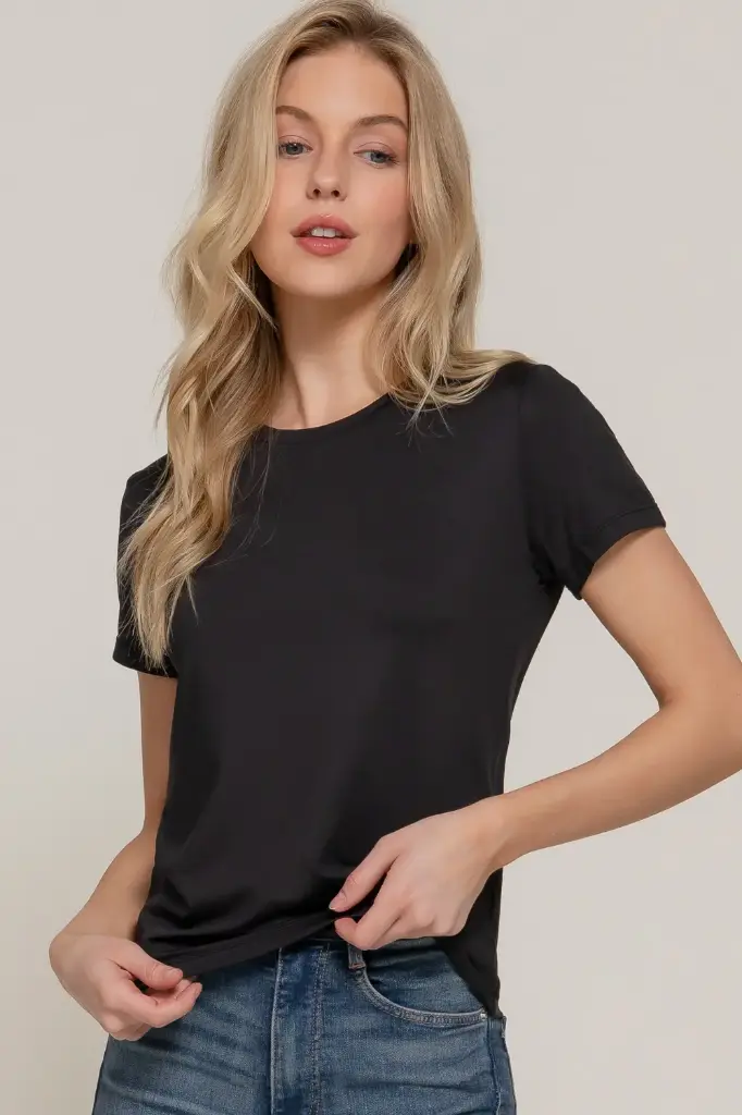 SHORT SLV ROUND NECK ITY KNIT TOP