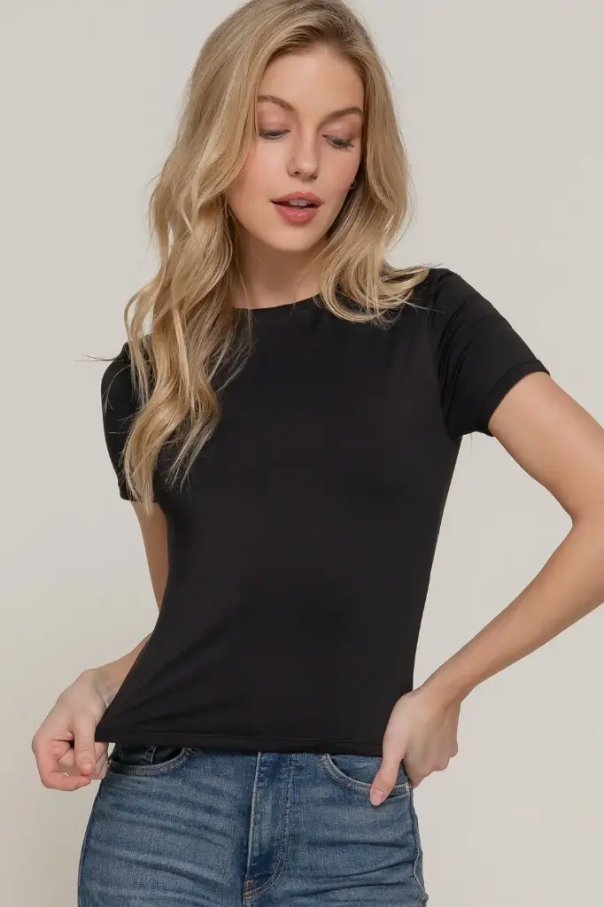 SHORT SLV DOUBLE LAYER KNIT TOP