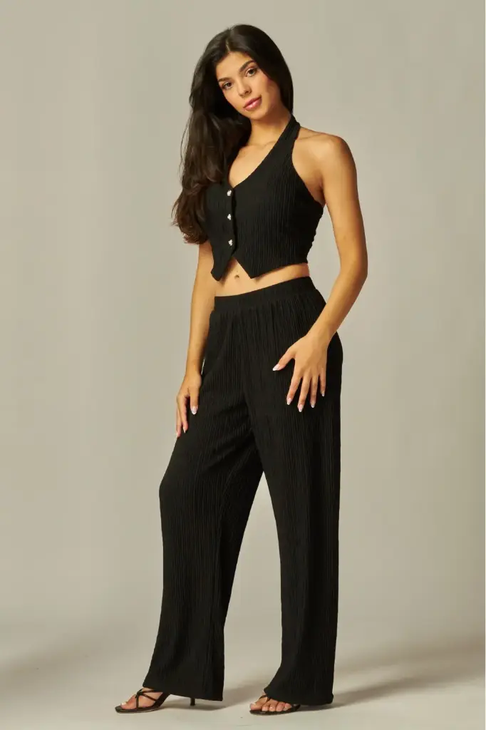 Crinkled Plisse Vest 2pc Pants Set (S)