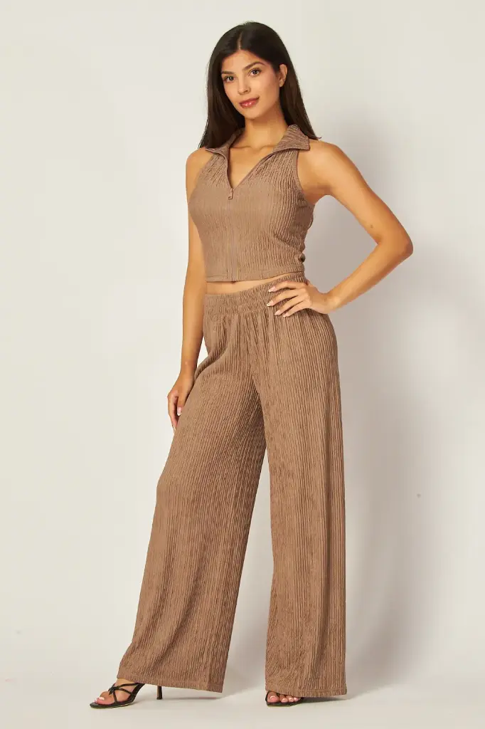 Crinkle Textured Collar Zip-up 2pc Loungewear Set (S)