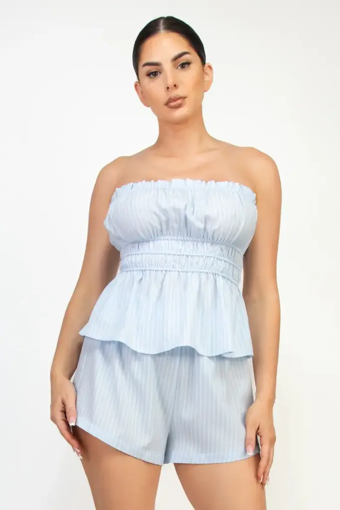  Peplum Strapless Elastic Striped Top