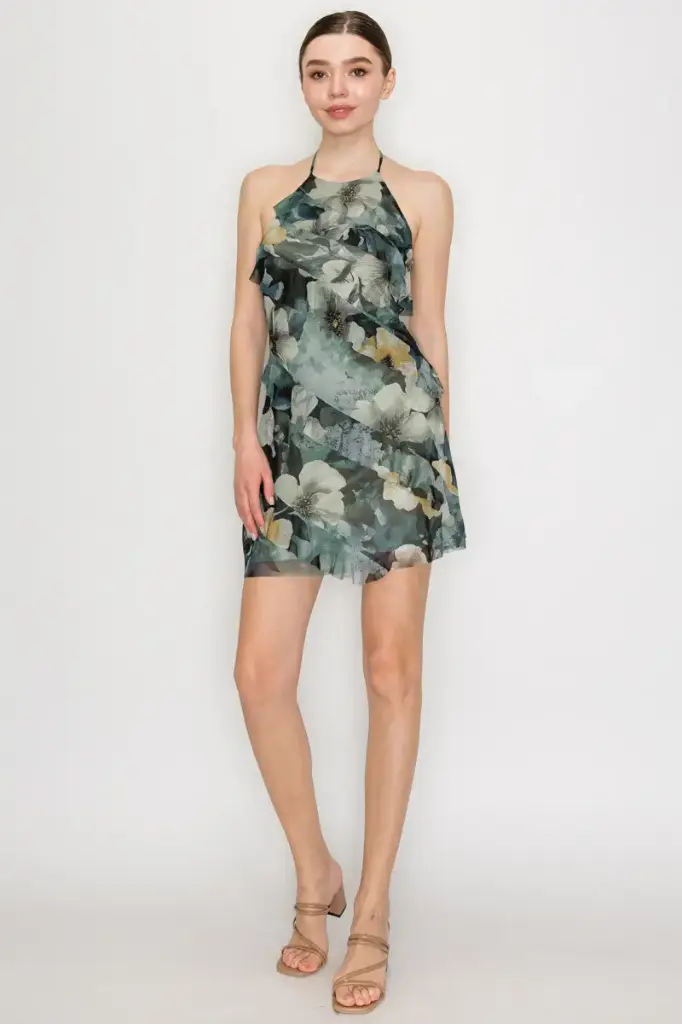 Ruffle Trim Mesh Halter Floral Dress