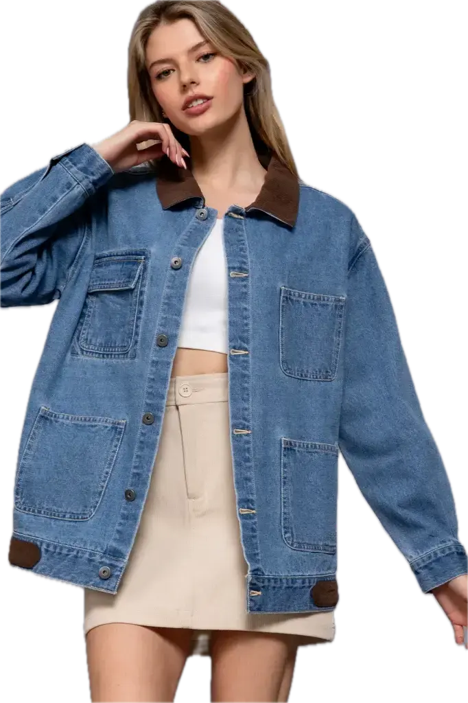 J14551 Long Slv Contrast Collar Denim Jacket
