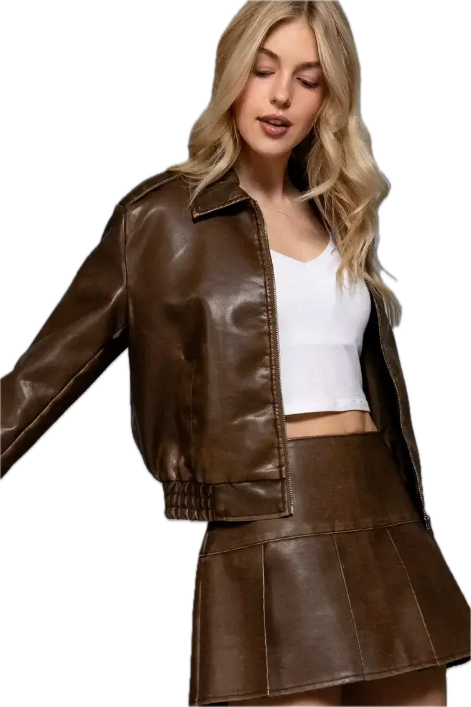 J14584 Long Slv Wash Effect Faux Leather Jacket