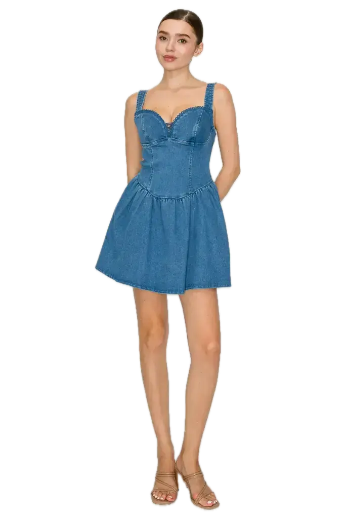 BD05911 Sweetheart Lace Trim Denim Dress 