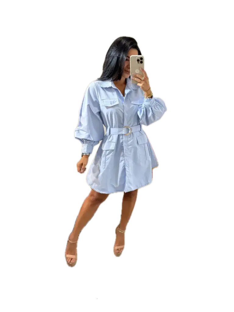 R6070 Belted Shirt Dress with Puff Sleeves