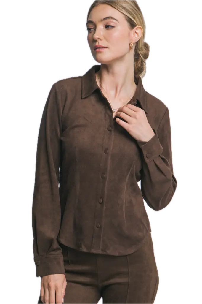10382TN Collared Long Sleeve Suede Shirt 
