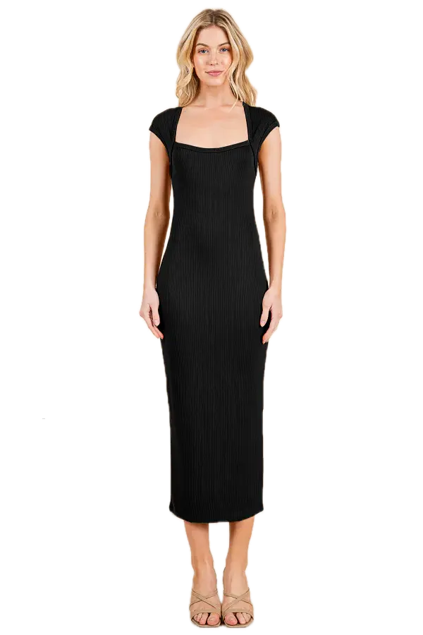 RD53548A Cap Sleeve Ribed Back Slit Midi Dress