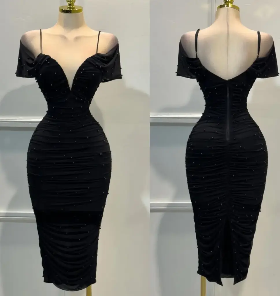 ID14138 Off-Shoulder Ruched Midi Dress with Beaded Detail