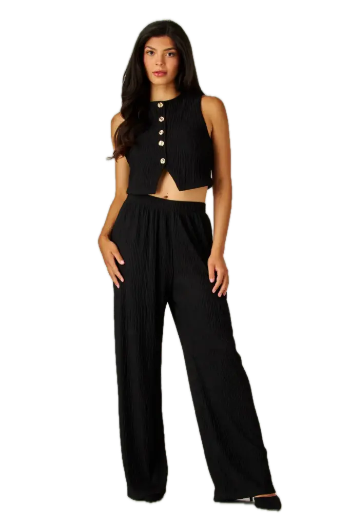 IRIS-17S  Crinkled Plisse Waistcoat Top 2pc Pants Set