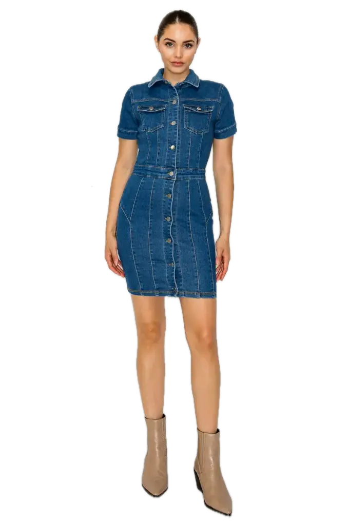 HMD14501 DENIM SHORT SLEEVE MINI DRESS