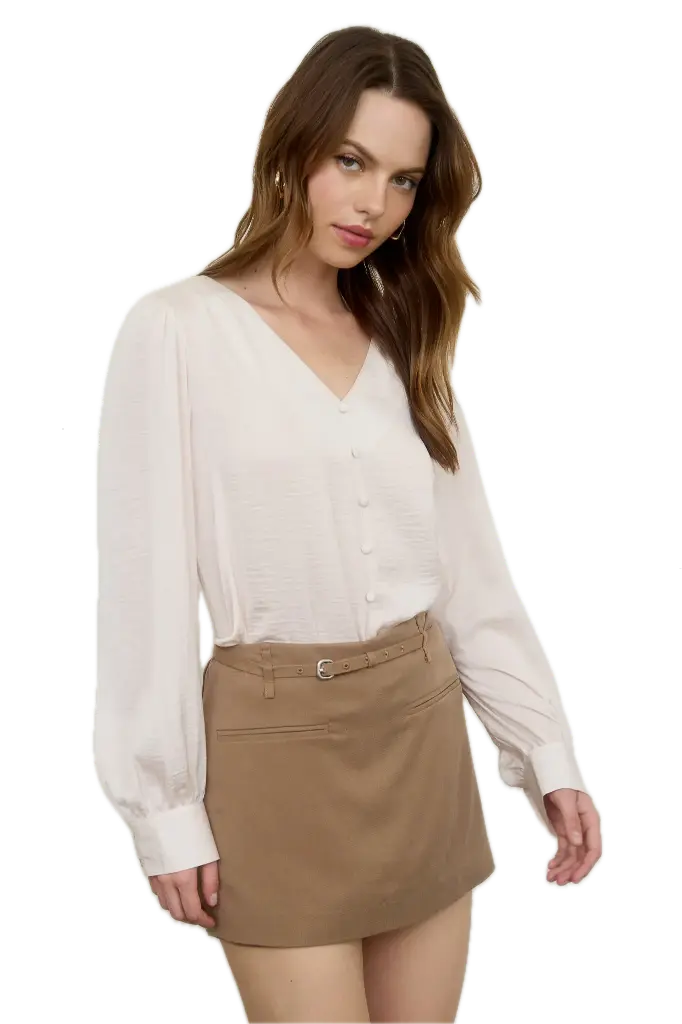 TB8657 Textured Satin V Neck Long Sleeve Button Down Top