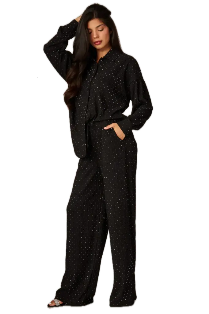IRIS-11HR Crinkled Rhinestone Button Down Shirt Loungewear Set (Black, S)