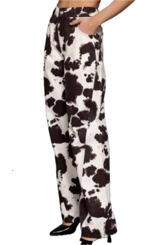P14755 COW PRINTED COTTON TWILL WIDE LONG PANTS