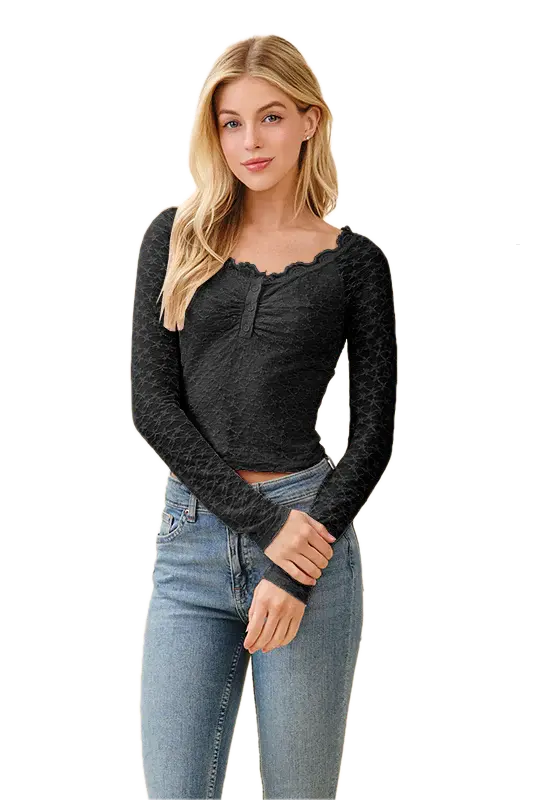 LT55868LA SCOOP NECK LACE TRIMMED HENLEY L/S TOP 