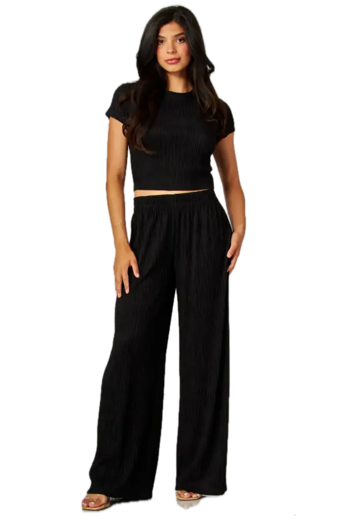 IRIS-19S Crinkle Plisse Short Sleeve Loungewear Set (Black, S)