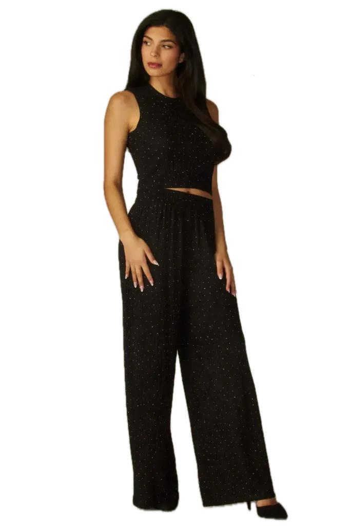 IRIS-1RH Crinkled Rhinestone Crop Top Loungewear Pant Set 