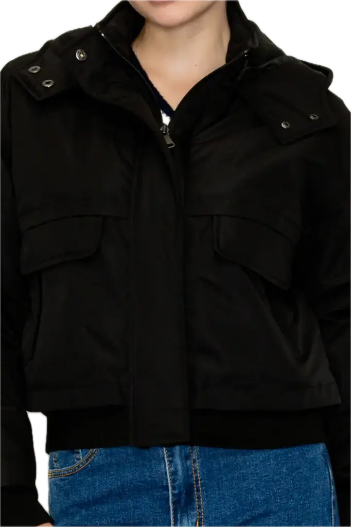 IJ99573 Large Pocket Boxy Crop Jacket (Black, S)