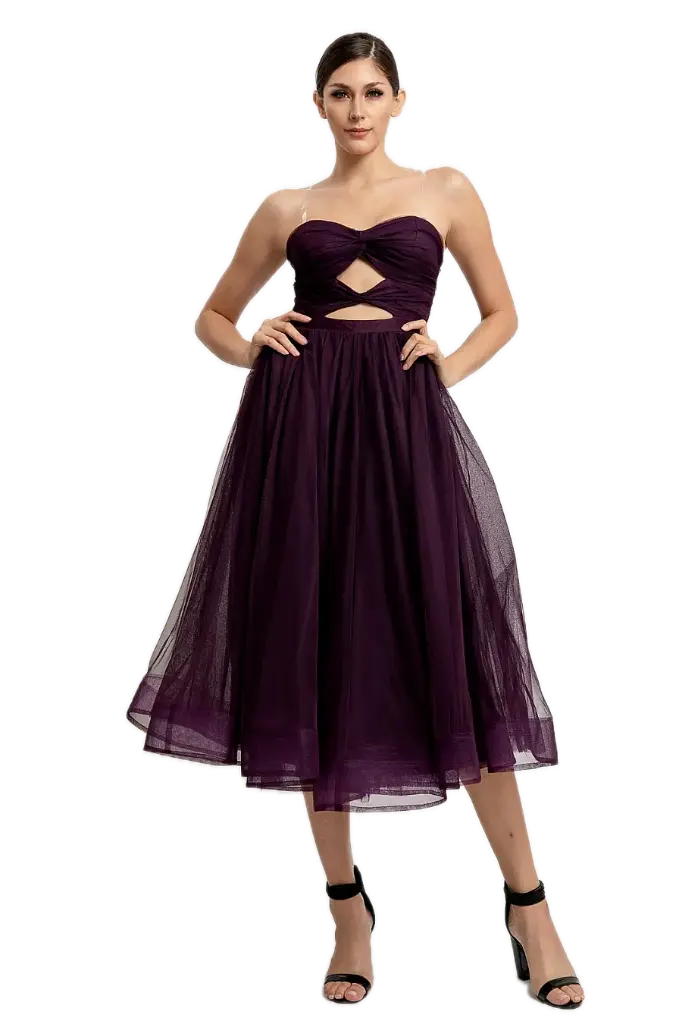  RVD6651 SLEEVELESS FRONT CUT OUT TULLE MIDI DRESS