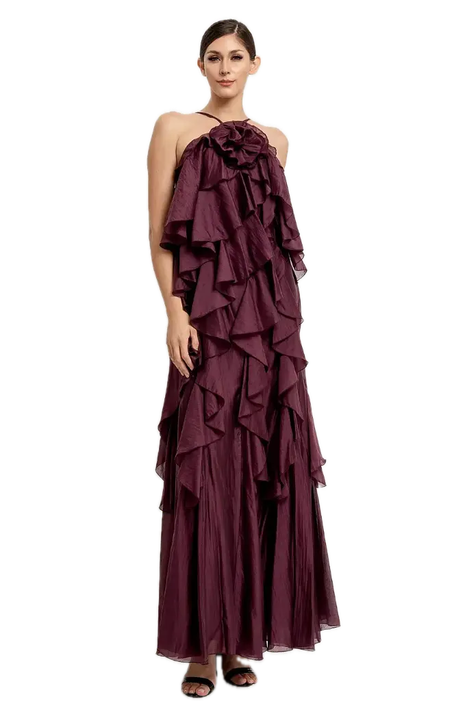  RVD6303 SPAGHETTI STRAP BACK TIE OPEN BACK MAXI RUFFLE DRESS WITH SPA