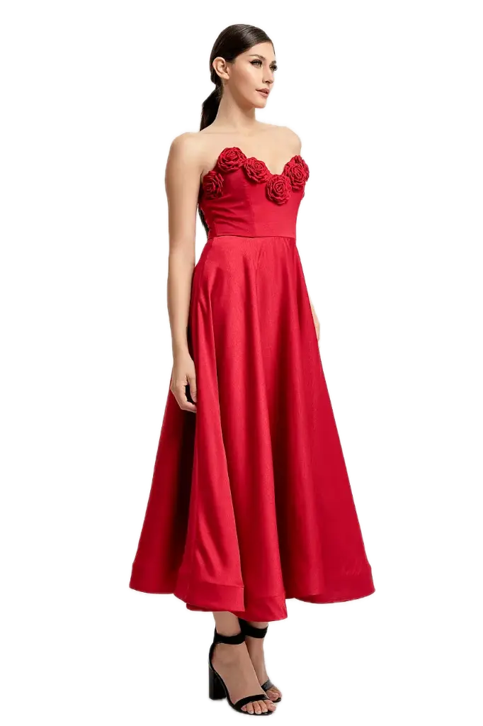 RVD6359 V NECK MIDI DRESS WITH 3D ROSES AND REMOVABLE TRANSPARENT STRAP 