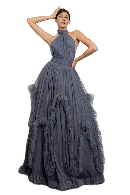 RVD6579 HALTER NECK OPEN BACK RUFFLE MAXI DRESS (S)