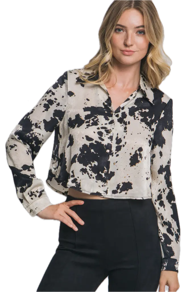 10437TN Cropped Cow Print Button Up Shirt (Black, S)