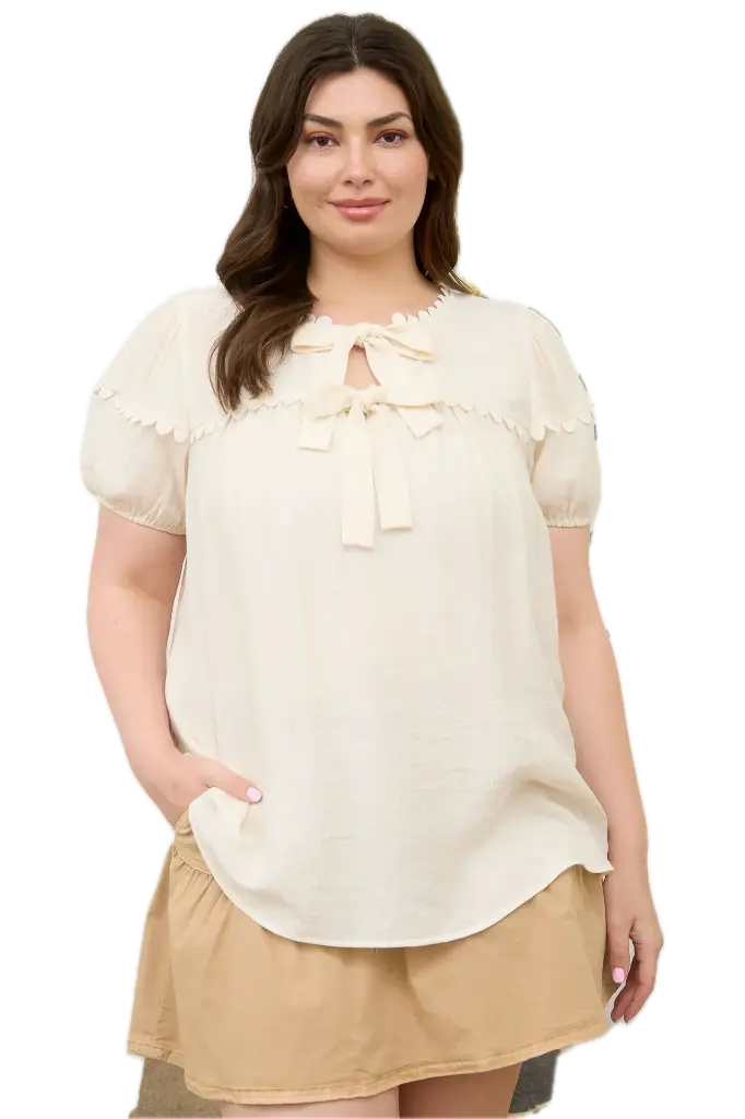 PTB8955 Plus Scallop Trim Front Tie Detail Puff Sleeve Top (XL)