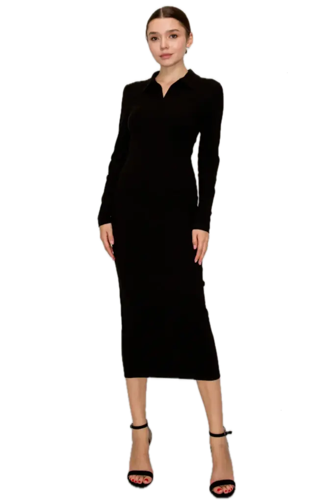 BD05941 Collared Long Sleeve Midi Dress