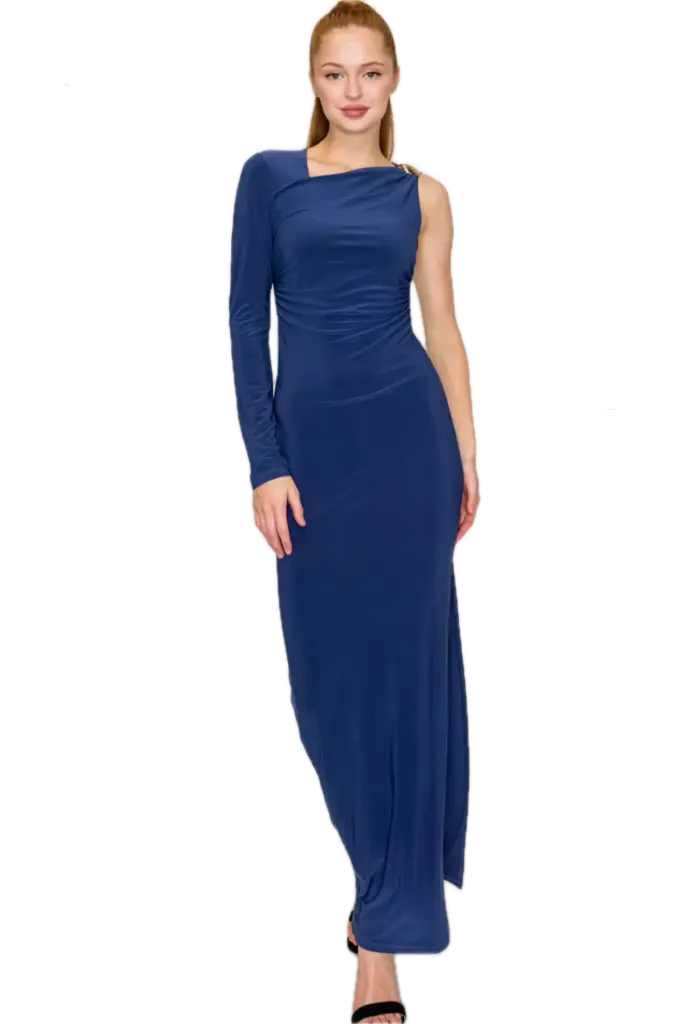 BD05963 One-Shoulder Ruched Gold Button Midi Dress