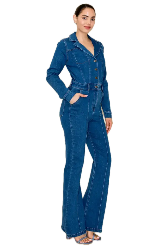 HMP40978 Button-Down Flare Fitted Denim Jumpsuit  (S)