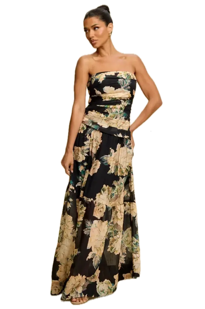 LD11977 Vintage Floral Maxi Dress (S, Black)
