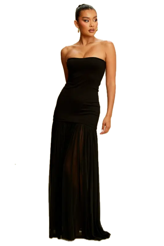 LD10874-Tube Maxi Dress W/ Shirred Chiffon (S, Black)