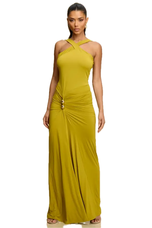 LD11557-Mock Neck Drape Gold Trim Dress (S)