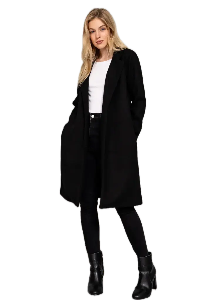 J13633C LONG SLV OPEN FRONT SOFT FELT LONG COAT  (S, Black)