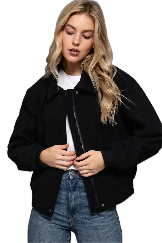 J14746 LAPEL COLLAR SOFT FELT BOMBER JACKET (S, Black)
