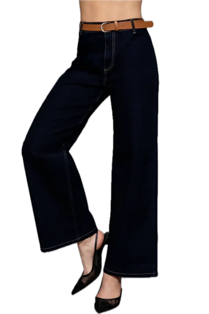 P14773 BELTED RELAXED LEG STRETCH DENIM PANTS (S)