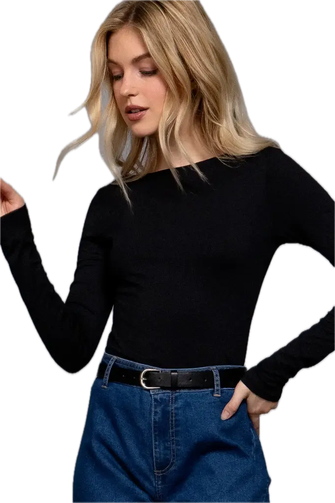 T14498 LONG SLV BOAT NECK KNIT TOP (S, Black)