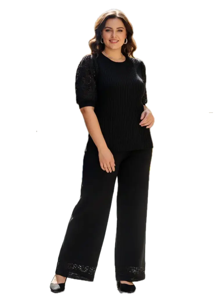 10590 Set Plus Size Knit Fabric And Lace .  (XL, Black)