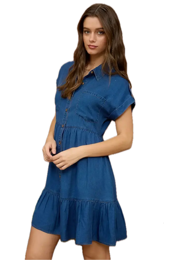 CR2662 DARK CHAMBRAY COLLARED BUTTON DOWN SHIRT DRESS (S)