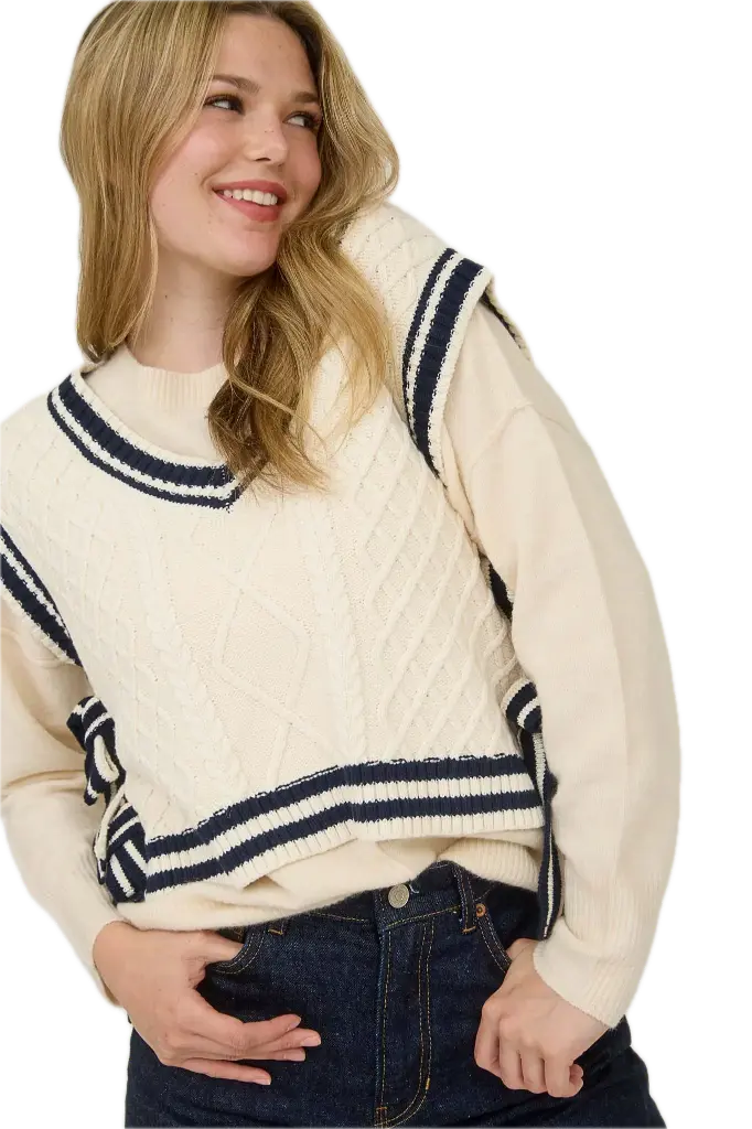 CR2710 Contrast Line Trim Side Tie Knit Sweater Vest (S)