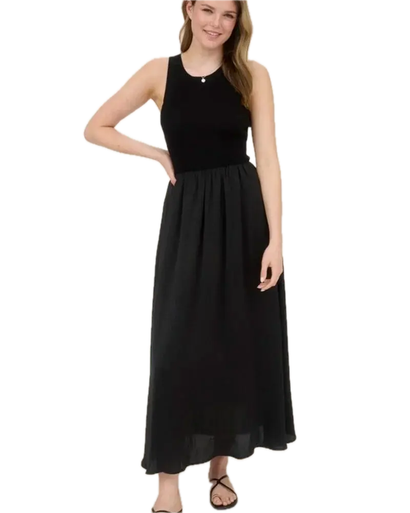 CR2316 Knit Mixed Media Sleeveless Midi Dress  (S, Black)